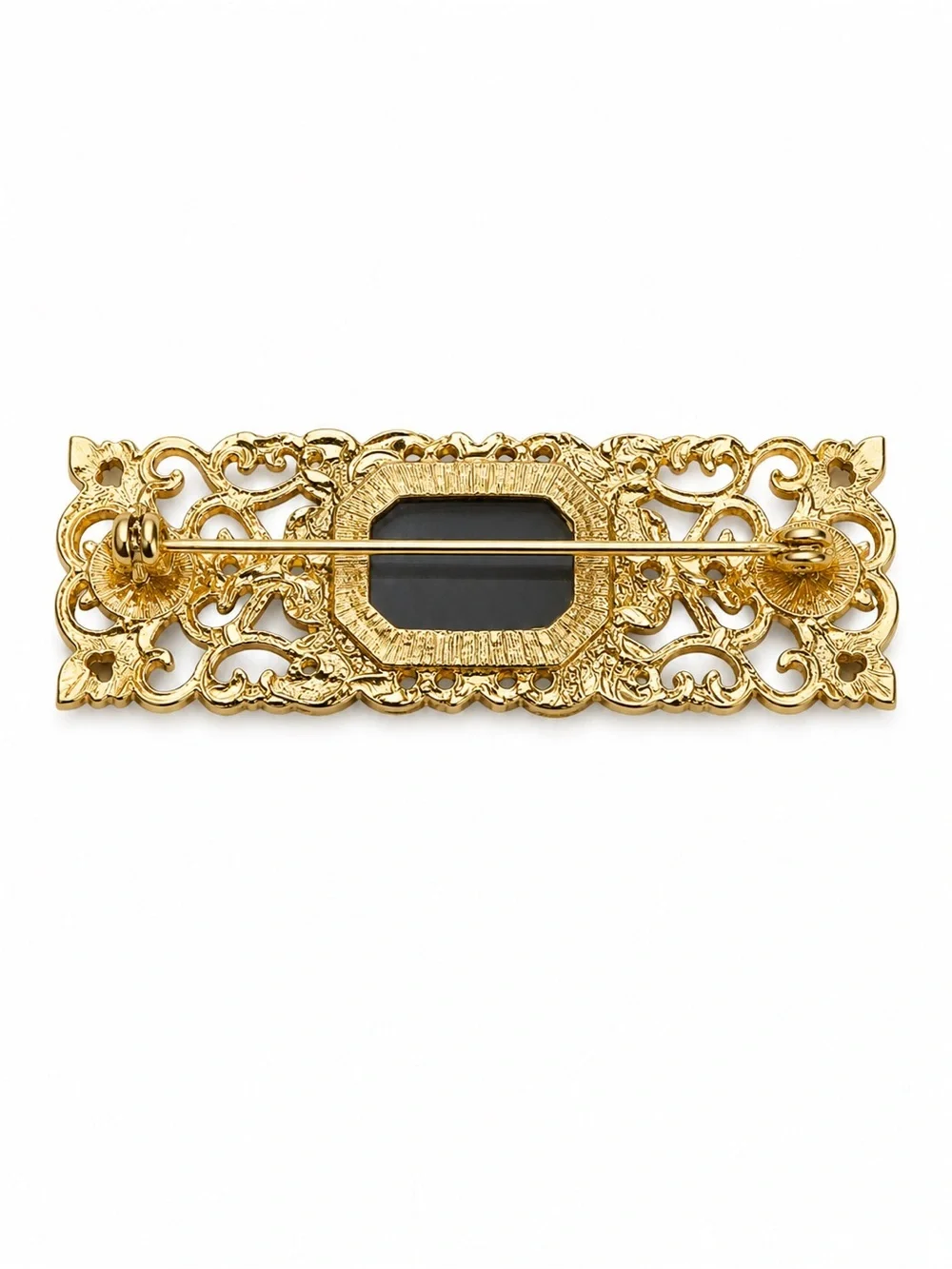 Vintage Gold Tone Filigree Brooch with Faceted Black Stone &‎ Rhinestone Accents